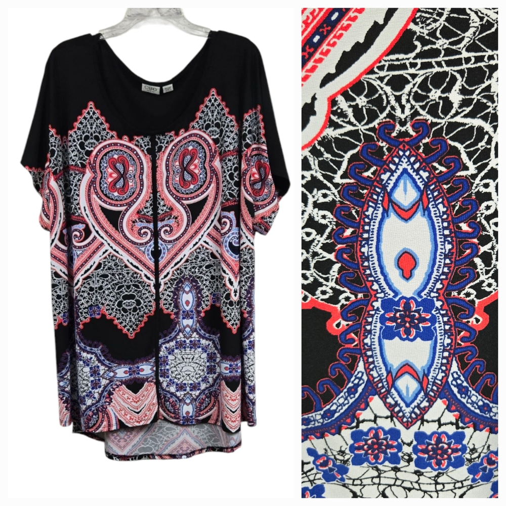 Cato Black Tunic with Pink, Blue and White Paisley Medallion Print